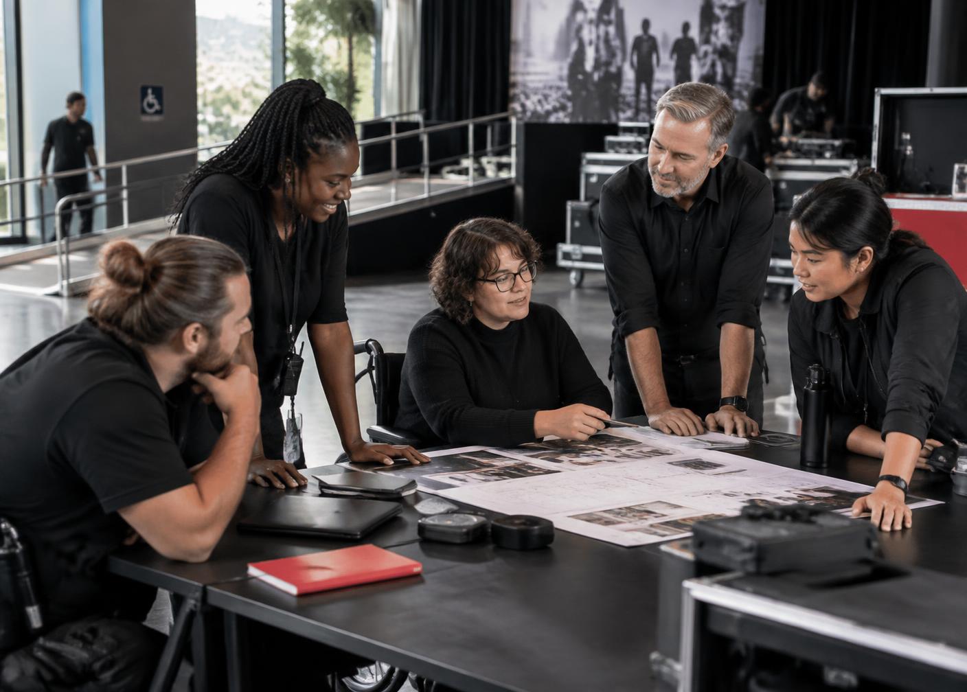 Equipe diversa de produção colaborando em um espaço acessível